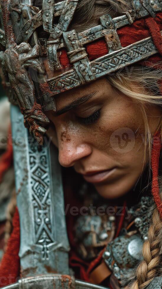 Warrior preparing for battle in an ancient setting during the twilight hours of a cool evening photo