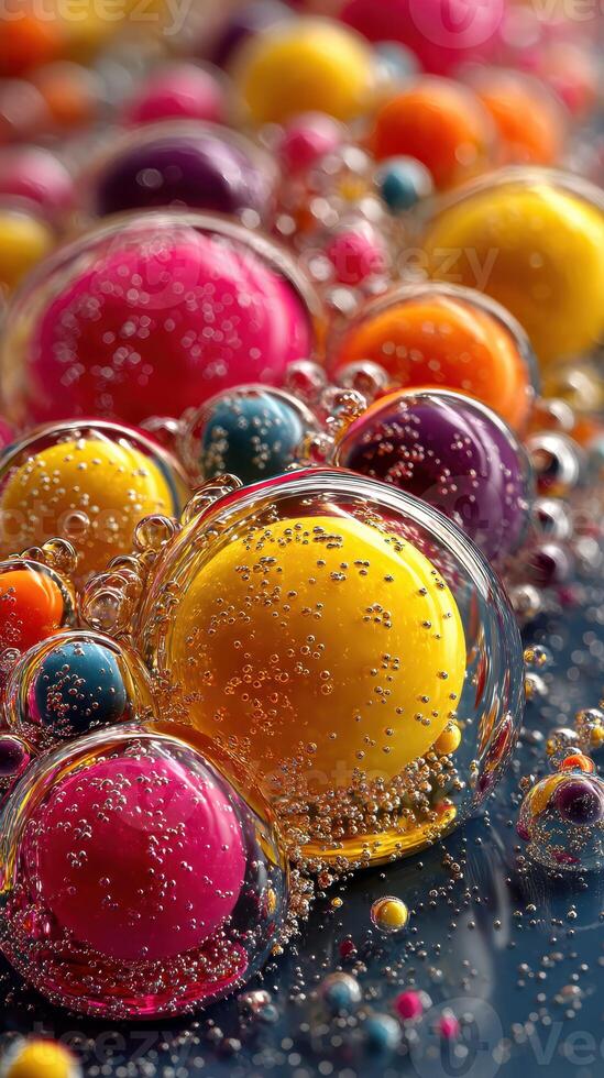Colorful bubbles create a vibrant and intricate design, showcasing a mix of hues and lively textures in a close-up view photo