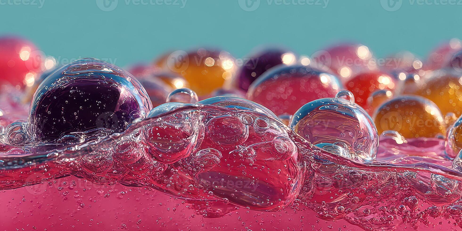 Colorful bubbles floating in vibrant liquid under clear blue sky during sunny daylight photo