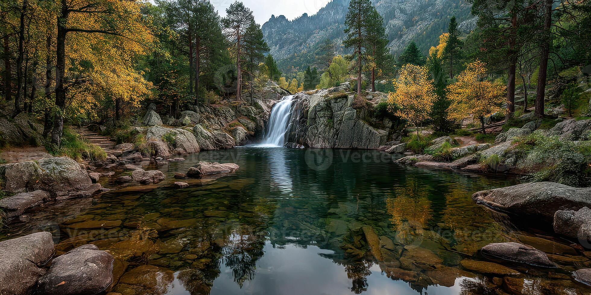 Waterfall cascading into a serene lake surrounded by autumn foliage in a mountainous region photo