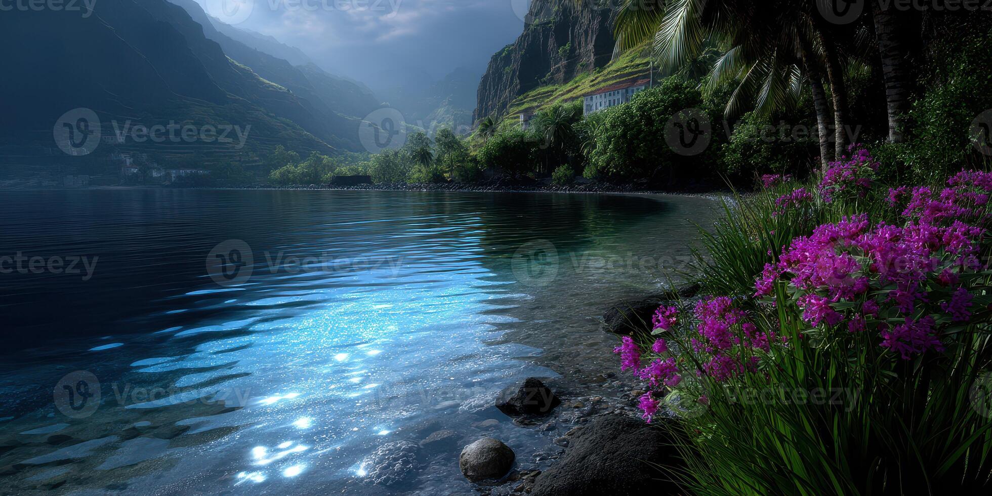Serene lake surrounded by lush mountains and vibrant flowers during twilight photo
