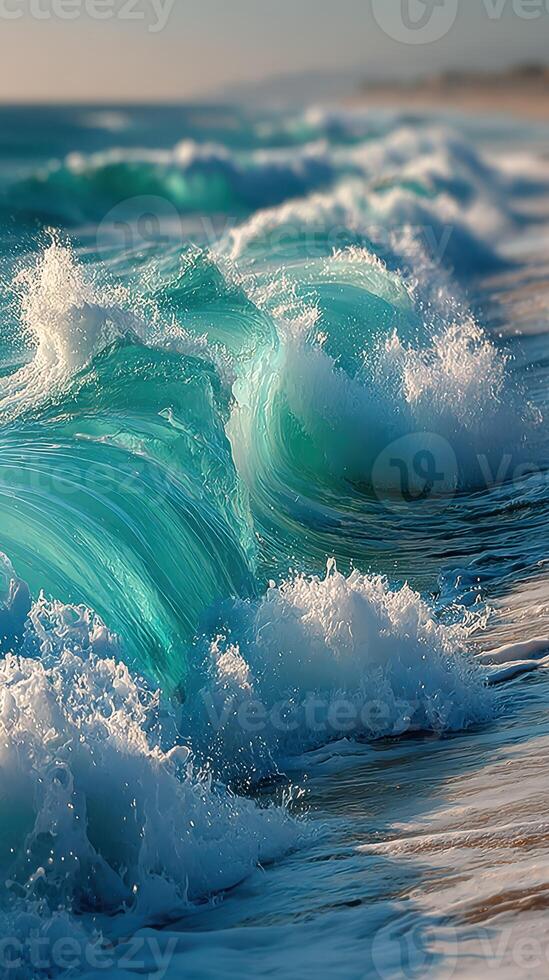Turquoise waves crash onto the shore at sunset highlighting the beauty of the ocean photo