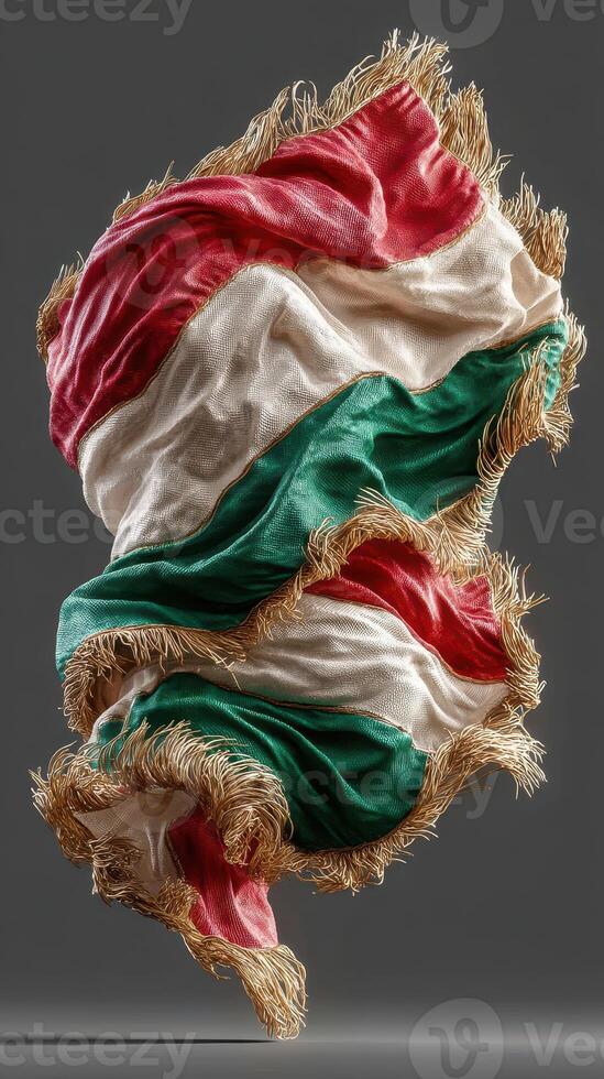 Flag of Hungary swirling gracefully in mid-air with vibrant colors and fringed edges photo
