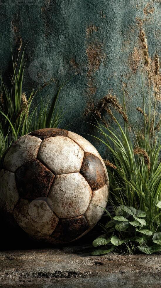 Old soccer ball resting in tall grass against a textured wall in a quiet outdoor setting photo