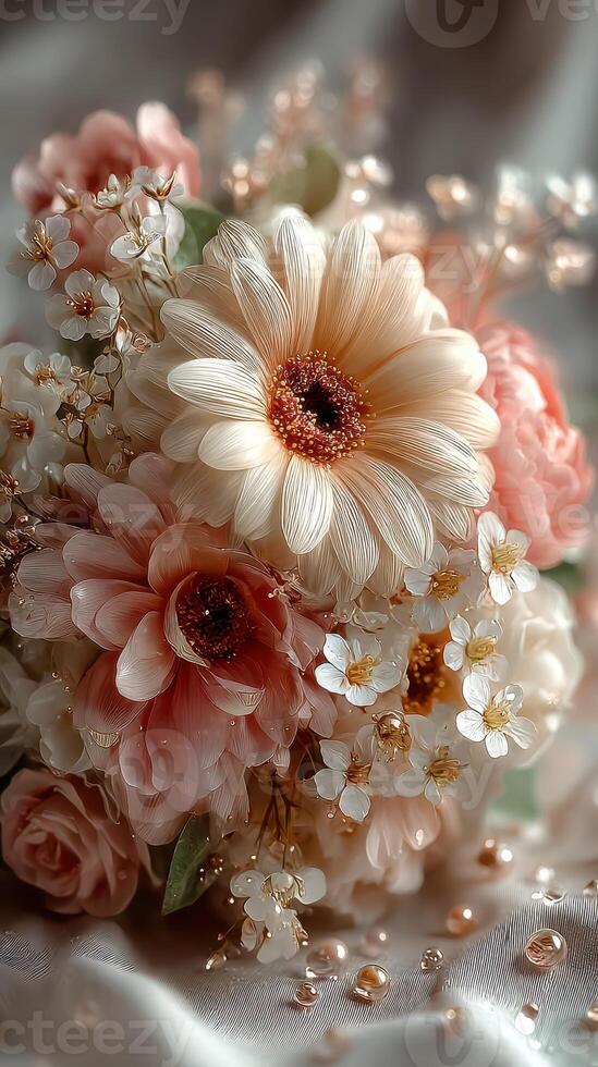 Beautiful bouquet of pastel flowers arranged elegantly on a soft fabric background during daylight photo