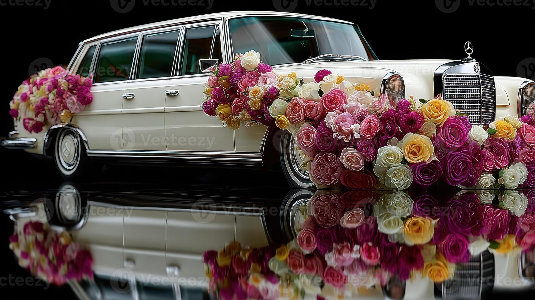 Elegant limousine adorned with vibrant flowers arranged for a wedding celebration in a picturesque location photo