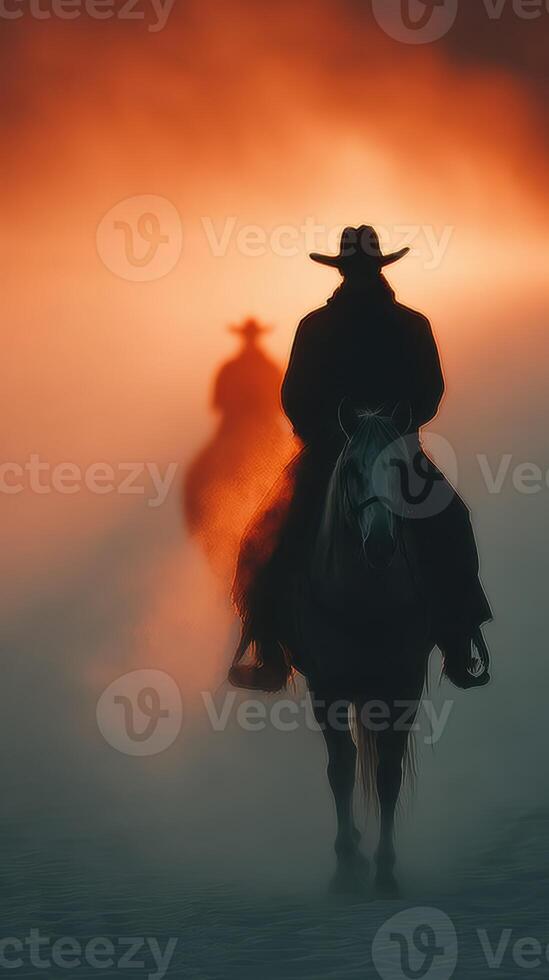Cowboys riding through a dusty landscape at sunset with dramatic orange and blue hues in the background photo