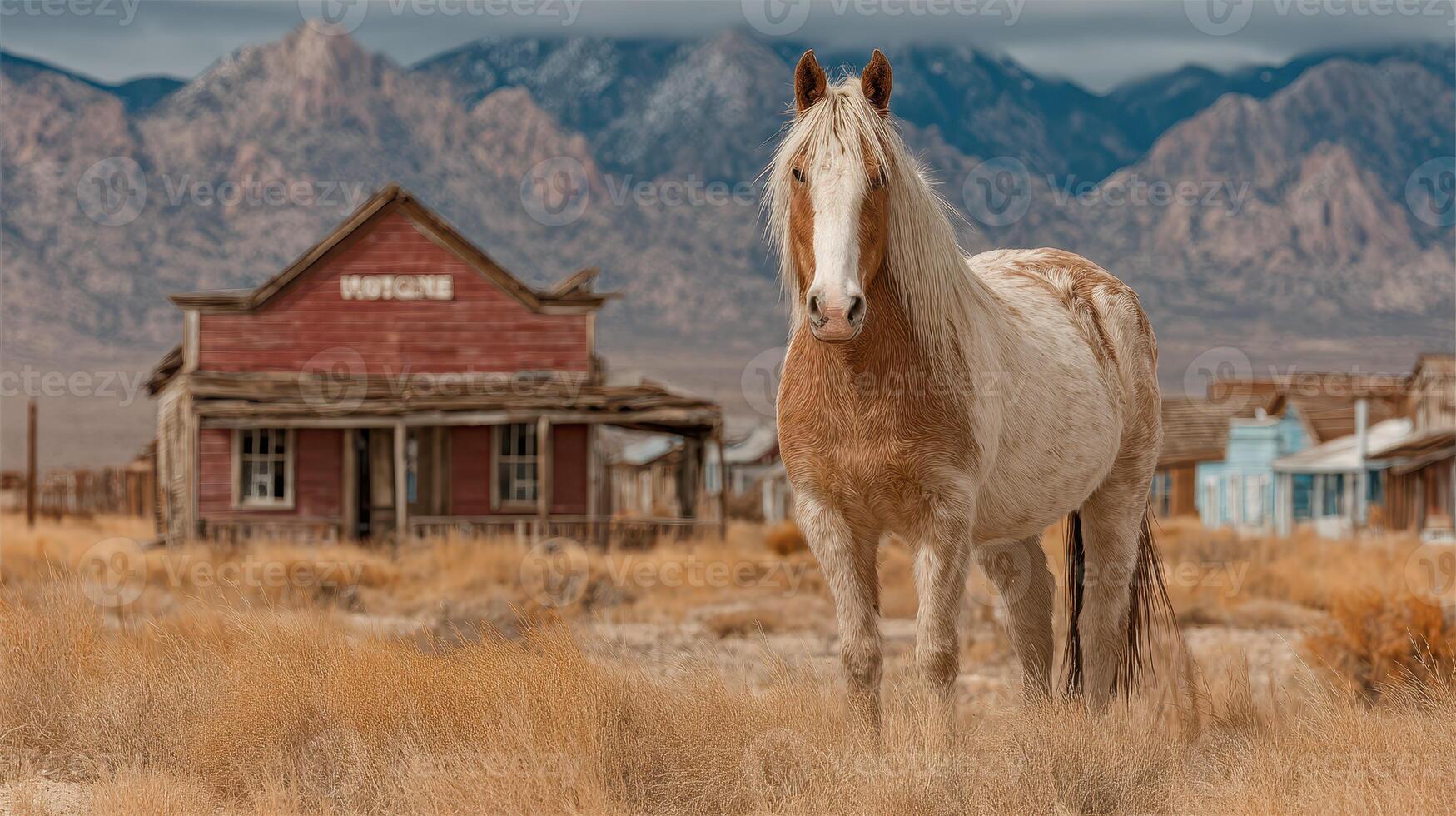 Horse stands in front of a weathered building against a backdrop of mountains in a ghost town setting photo