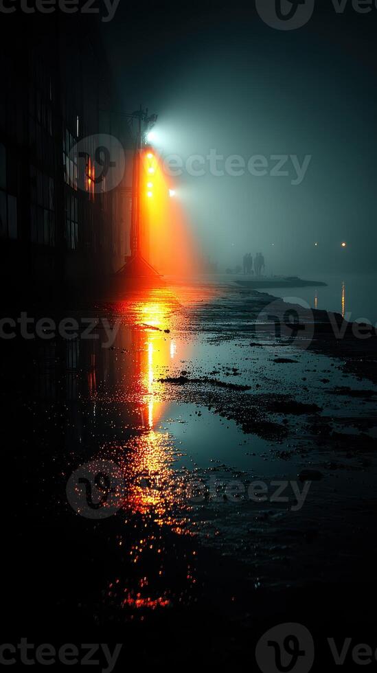 Evening glow from streetlights reflects on wet ground near water during foggy night walk photo