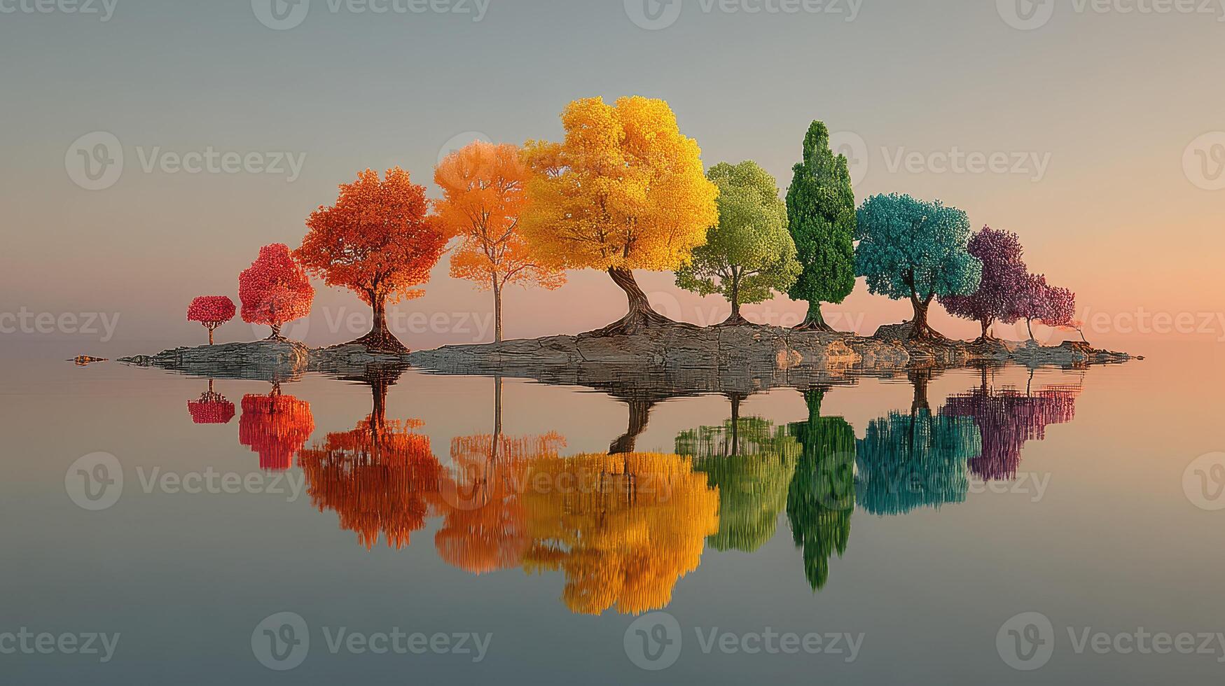Vibrant autumn colors reflect on calm water at a serene lakeside island during sunset photo