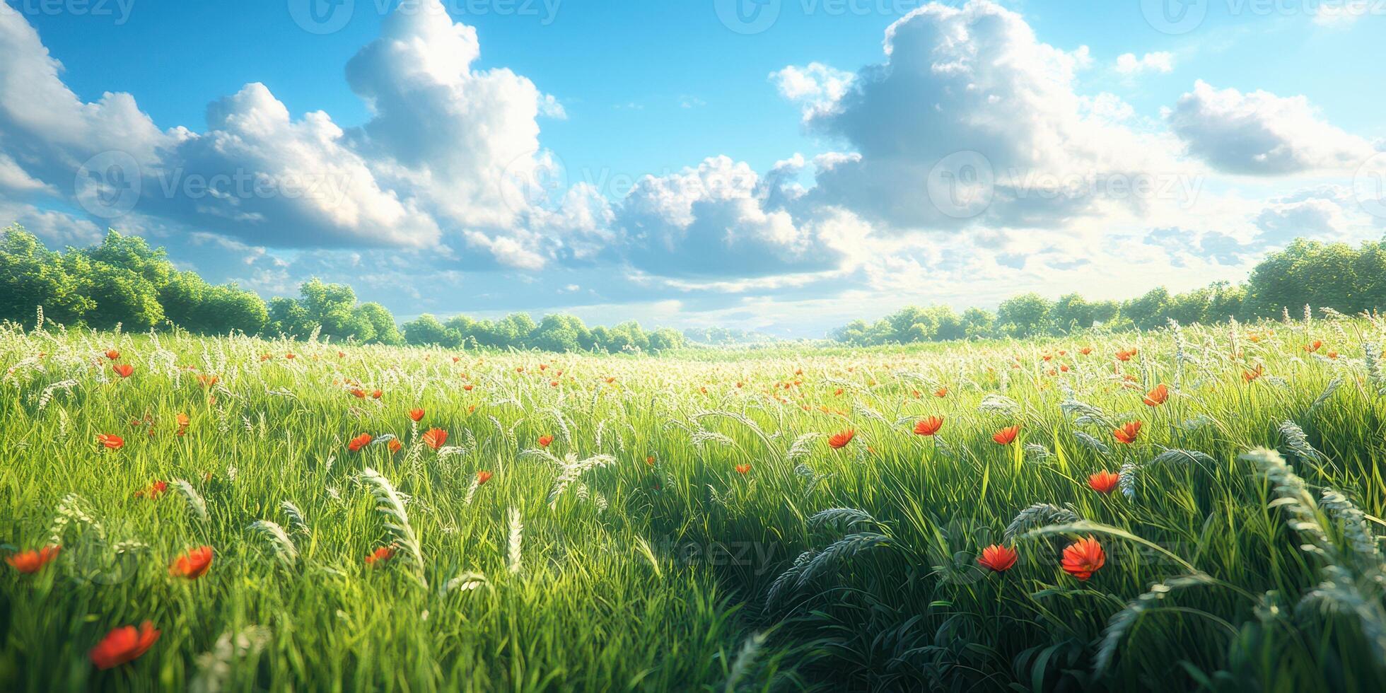 Beautiful sunny landscape with vibrant flowers in a lush green field under a bright blue sky and fluffy clouds photo