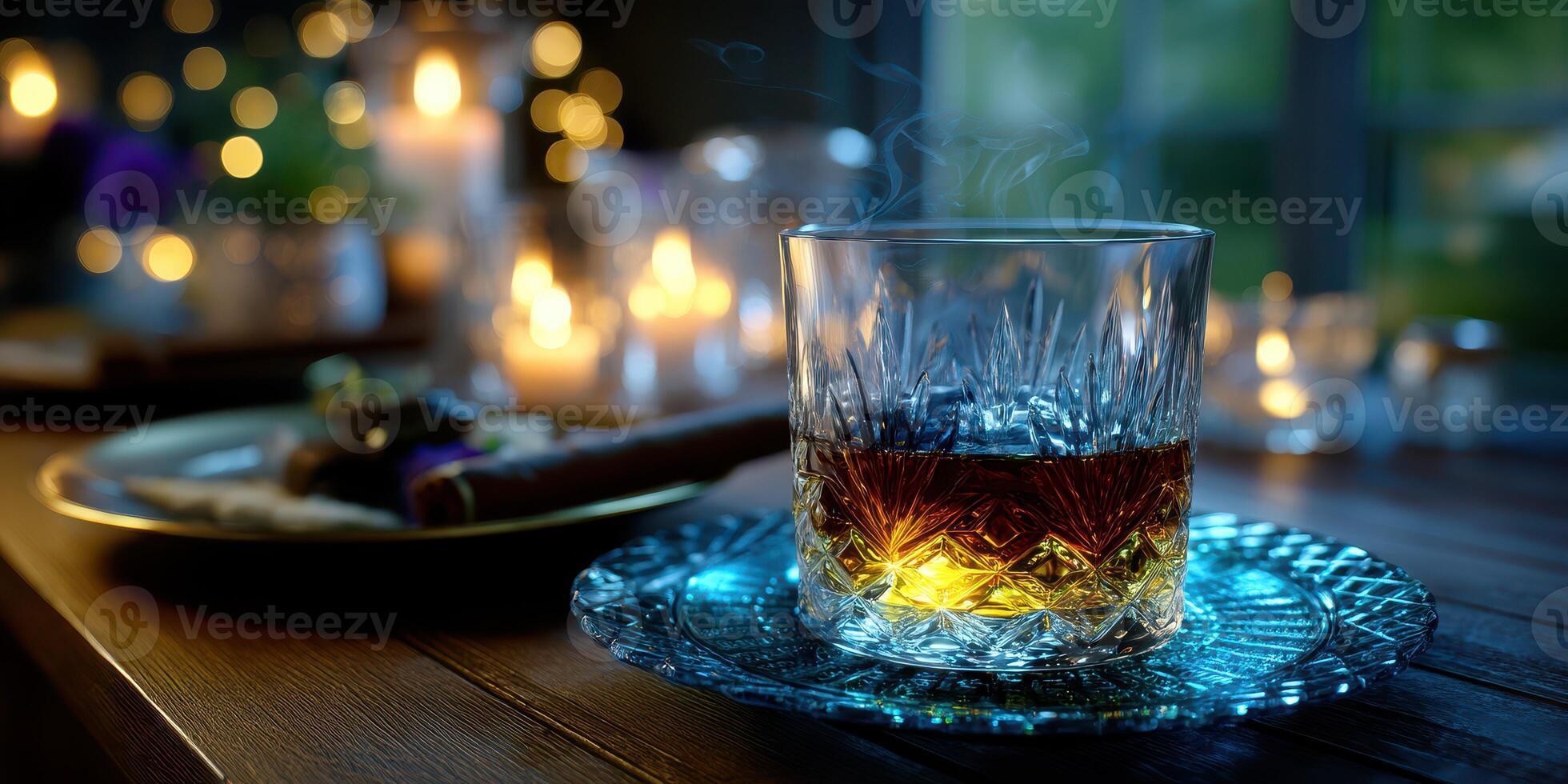 Whiskey served in a crystal glass next to a plate of desserts in a cozy candlelit room during the evening photo