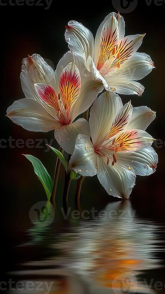 Elegant white flowers with vibrant petals reflected in calm water during twilight photo