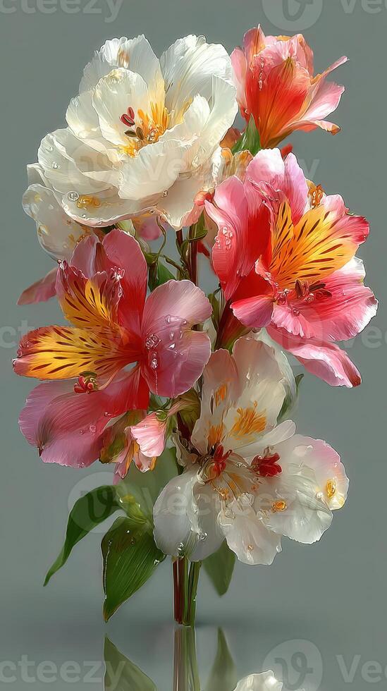 Colorful bouquet of alstroemeria flowers on a gray background showcasing their vibrant petals and intricate details photo