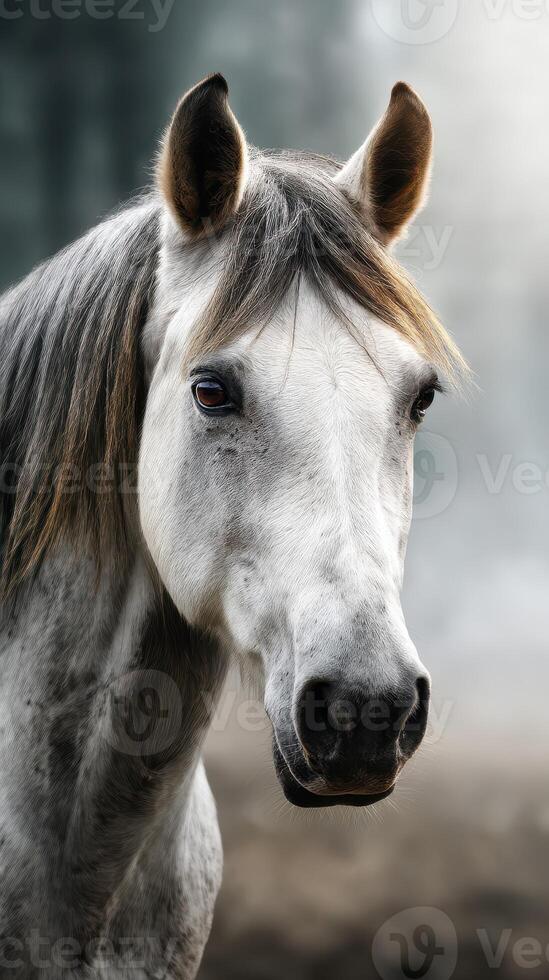 White horse with gray mane stands calmly in misty forest background during early morning light photo