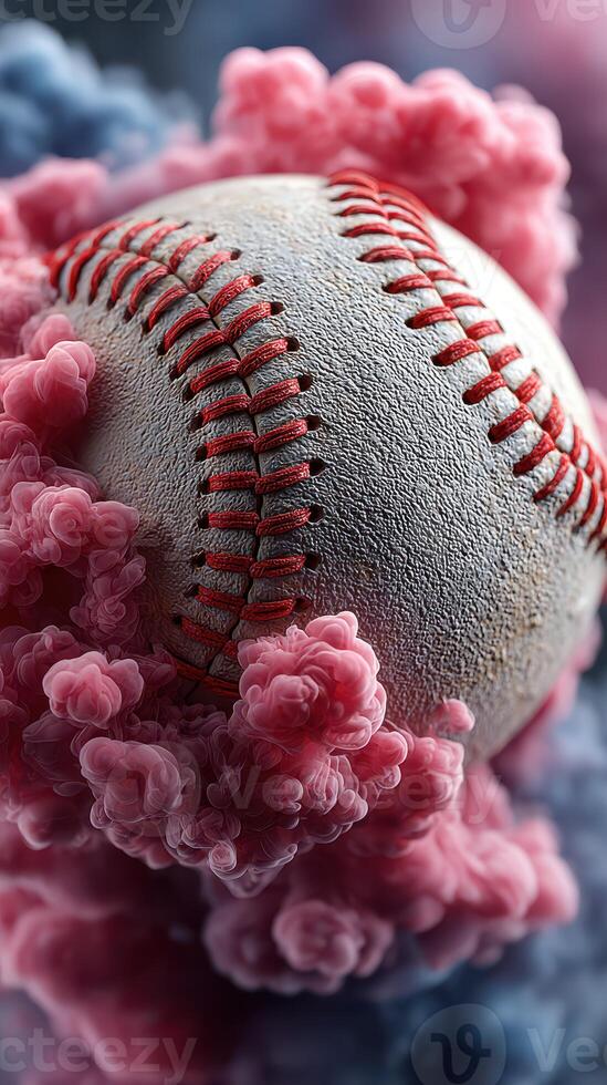 Baseball surrounded by pink smoke, showcasing a vibrant and dynamic moment in sports creativity photo
