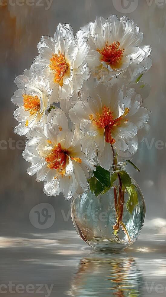 Elegant white and orange flowers arranged beautifully in a glass vase on a soft neutral background photo