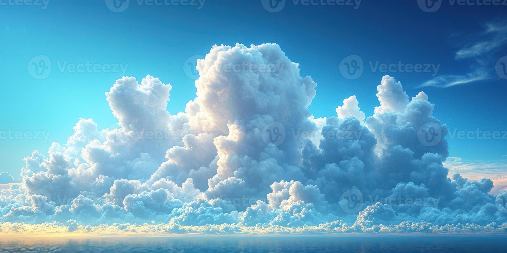 Majestic clouds gather in a radiant sky during sunset over a tranquil ocean landscape photo