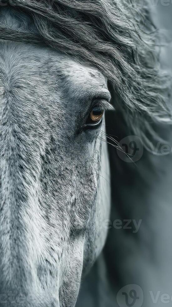 Close-up view of a horse's eye highlighting its expressive features and flowing mane in a serene outdoor setting photo