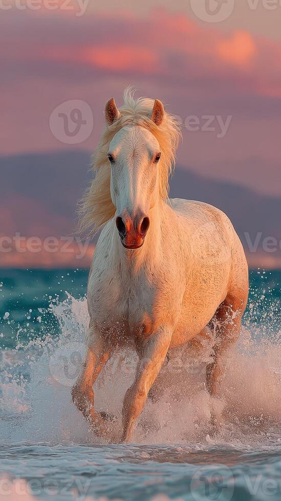 White horse galloping through ocean waves during sunset on a serene beach photo