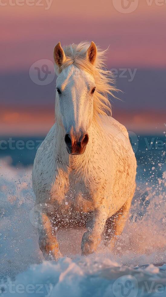 White horse splashes through ocean waves at sunset along sandy beach in tranquil coastal setting photo