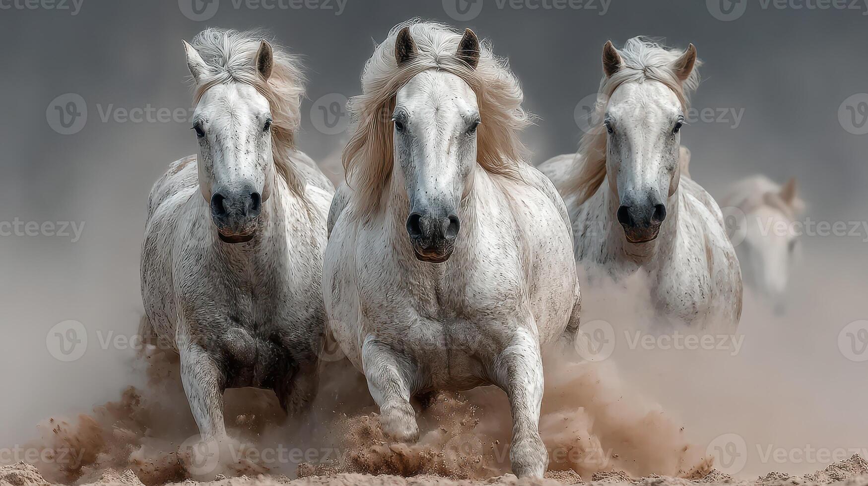 Horses galloping through dust in a dramatic display of speed and power during sunset at an open field photo
