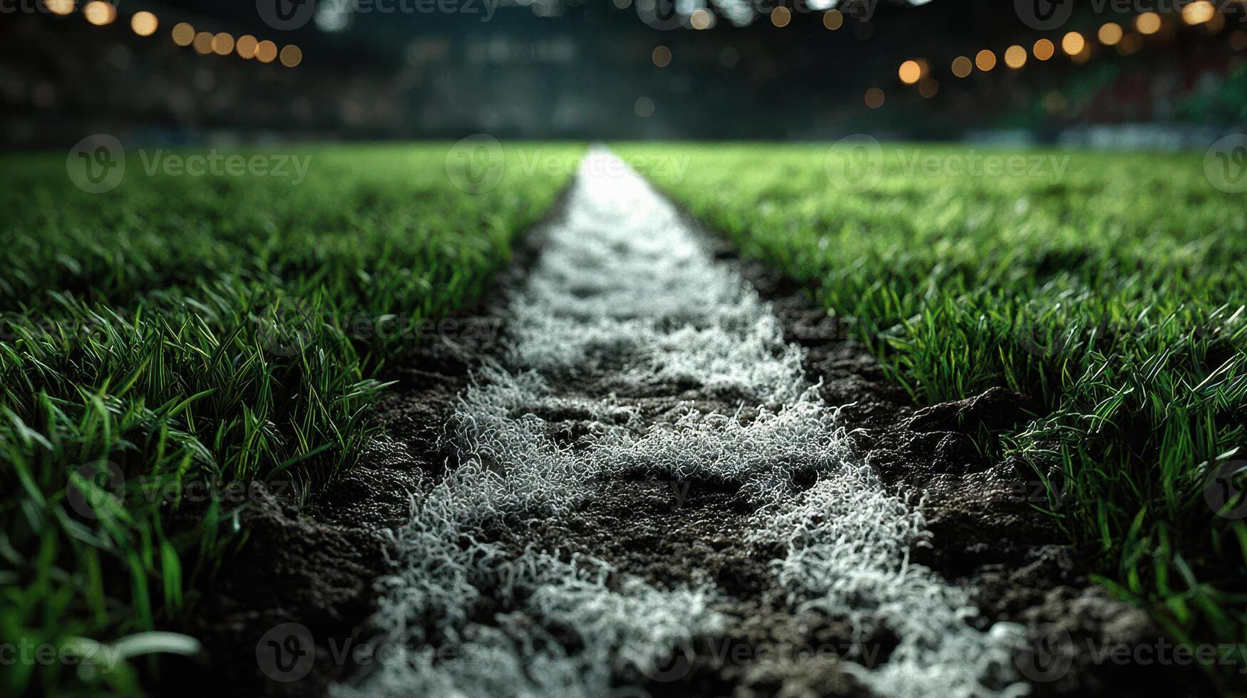 Green grass and white line on a soccer field during a match in an indoor stadium at night photo