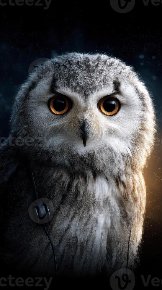 Owl with headphones showcasing unique expression and detail in a dark and mysterious setting photo