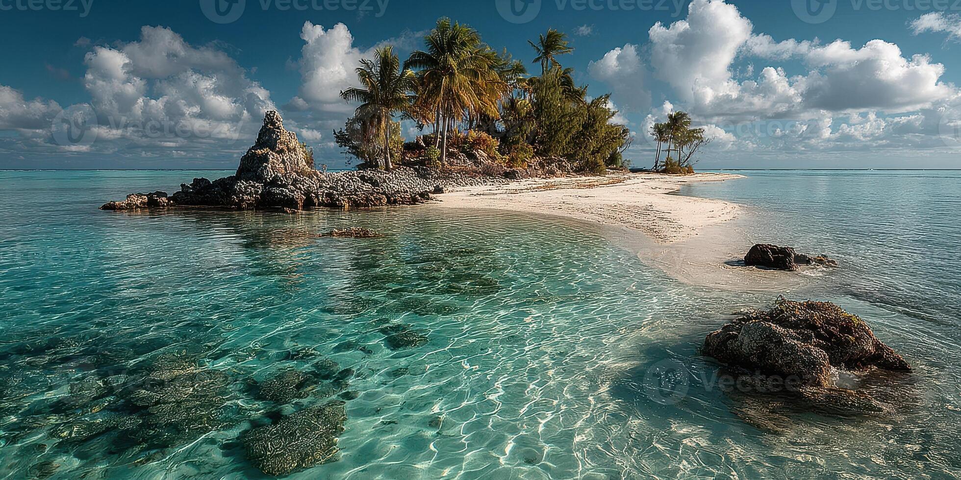 Beautiful tropical island with clear blue waters and lush greenery under a sunny sky during daylight hours photo