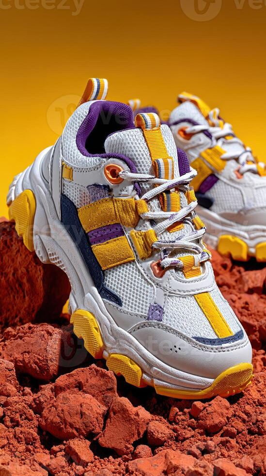 Colorful modern sneakers displayed on vibrant red terrain with yellow background photo