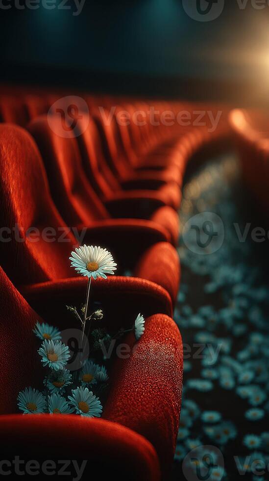 Flowers bloom in abandoned theater seats highlighting nature's resilience and beauty in a forgotten space photo