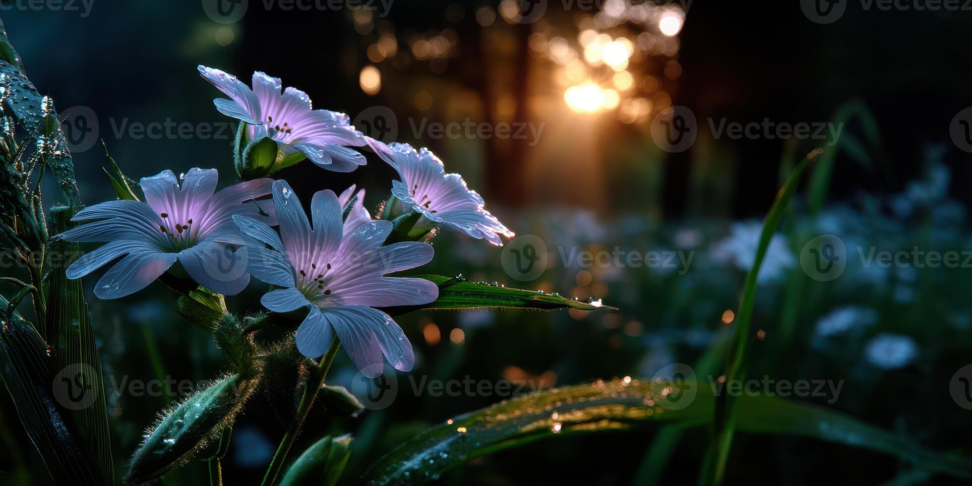 Delicate wildflowers glimmer with morning dew under soft sunlight in a serene forest setting photo