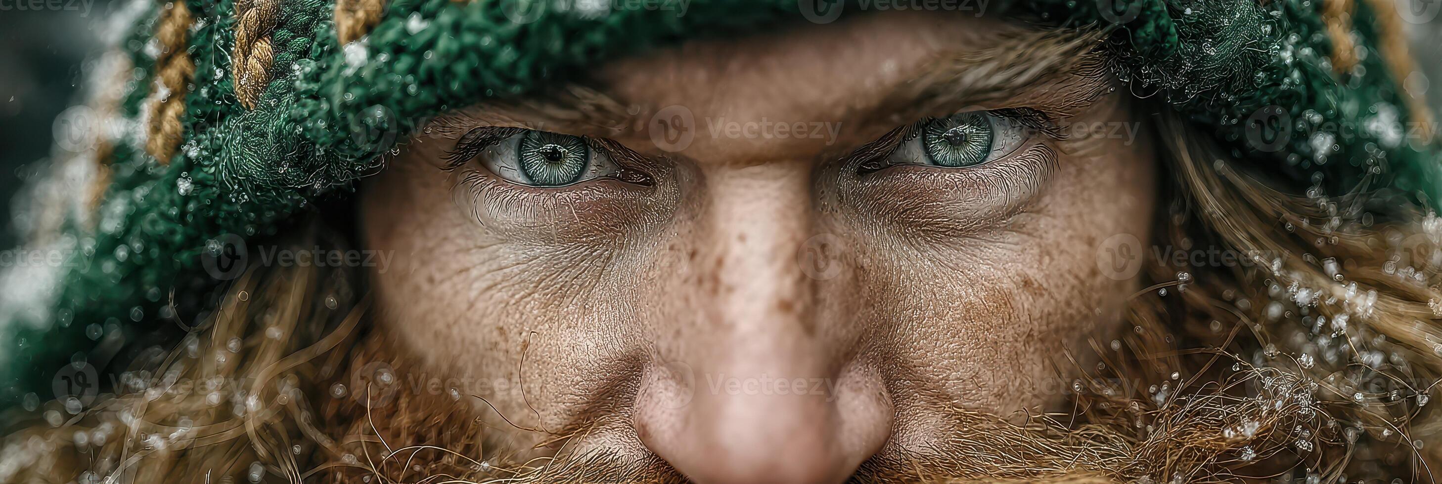 Intense gaze of a rugged man with a beard in a snow-covered landscape at twilight, showcasing vivid blue eyes and warm clothing photo