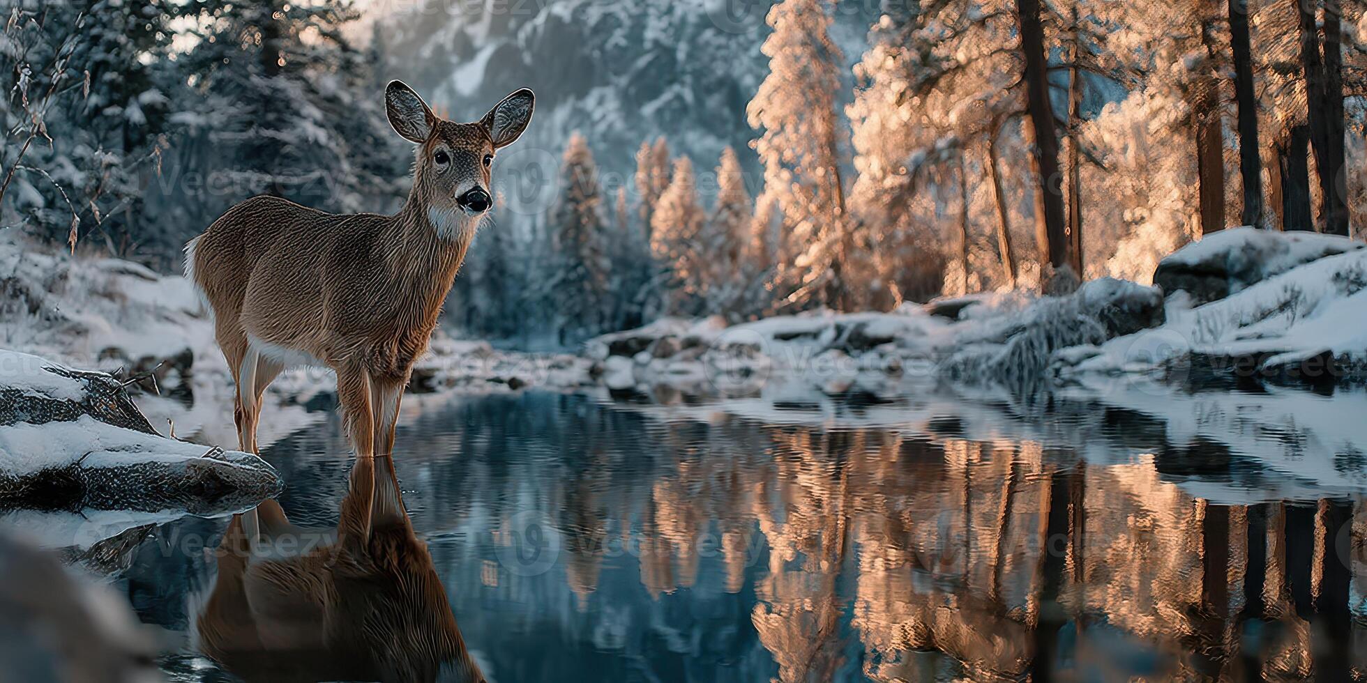Majestic deer stands at a serene riverbank surrounded by snow-covered trees during winter sunlight photo