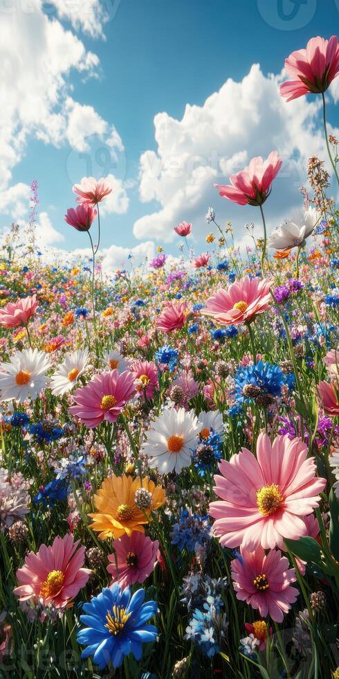 Vibrant wildflower field under a sunny sky with blooming flowers in spring season photo