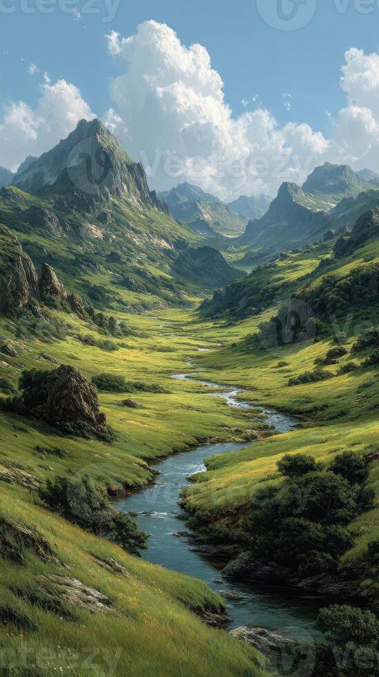 Lush green valley with winding river beneath a bright blue sky and majestic mountains in the background during daytime photo