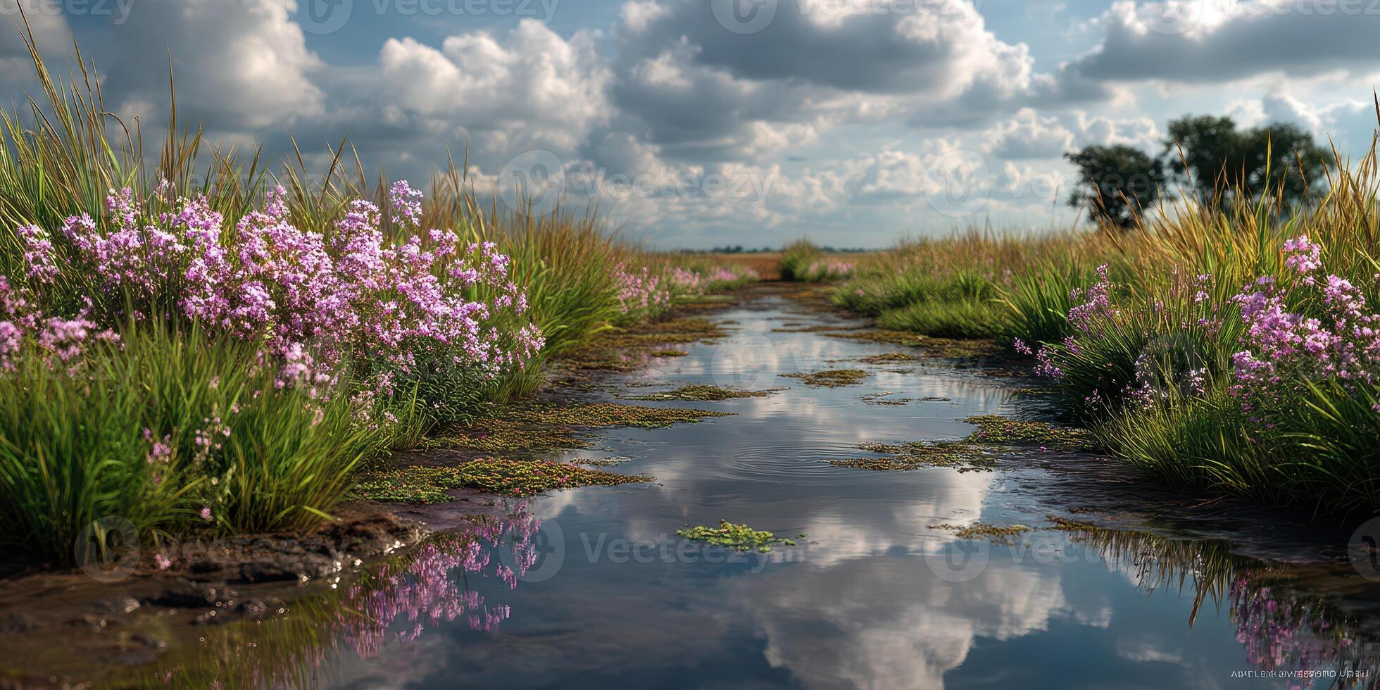 Serene wetland landscape with vibrant flowers and reflective water during a sunny day photo