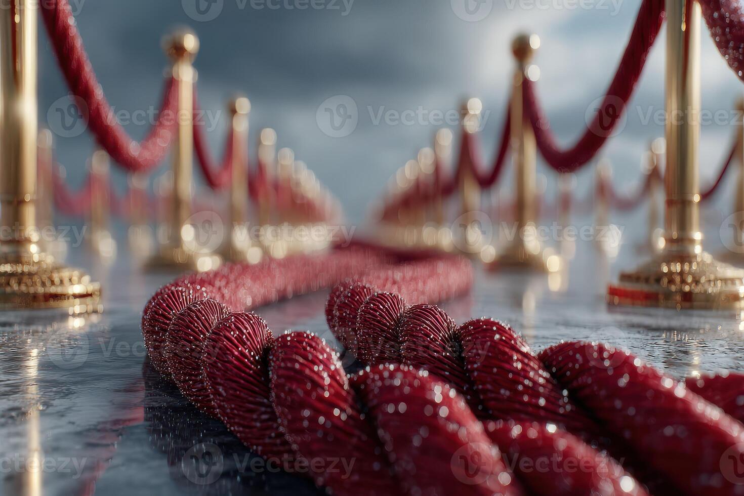 Elegant red ropes create a glamorous pathway leading to an event under moody skies photo