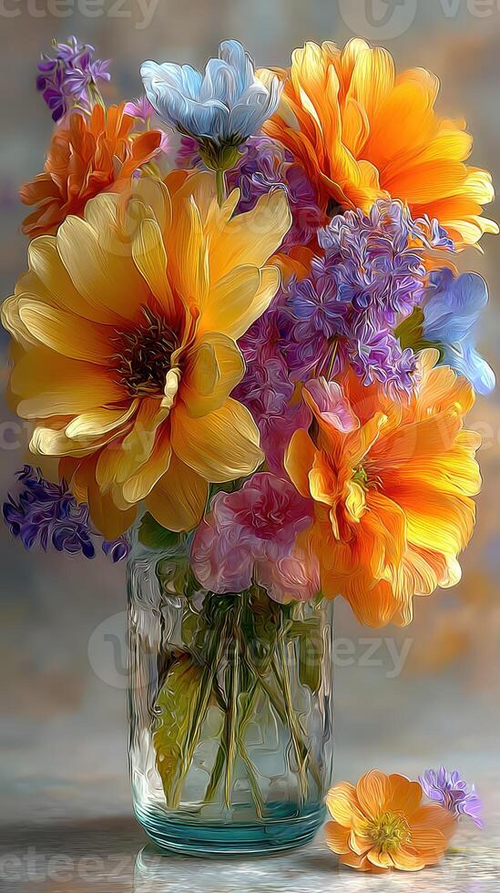 Colorful floral arrangement in a glass vase with vibrant blooms, captured in a still life setting photo