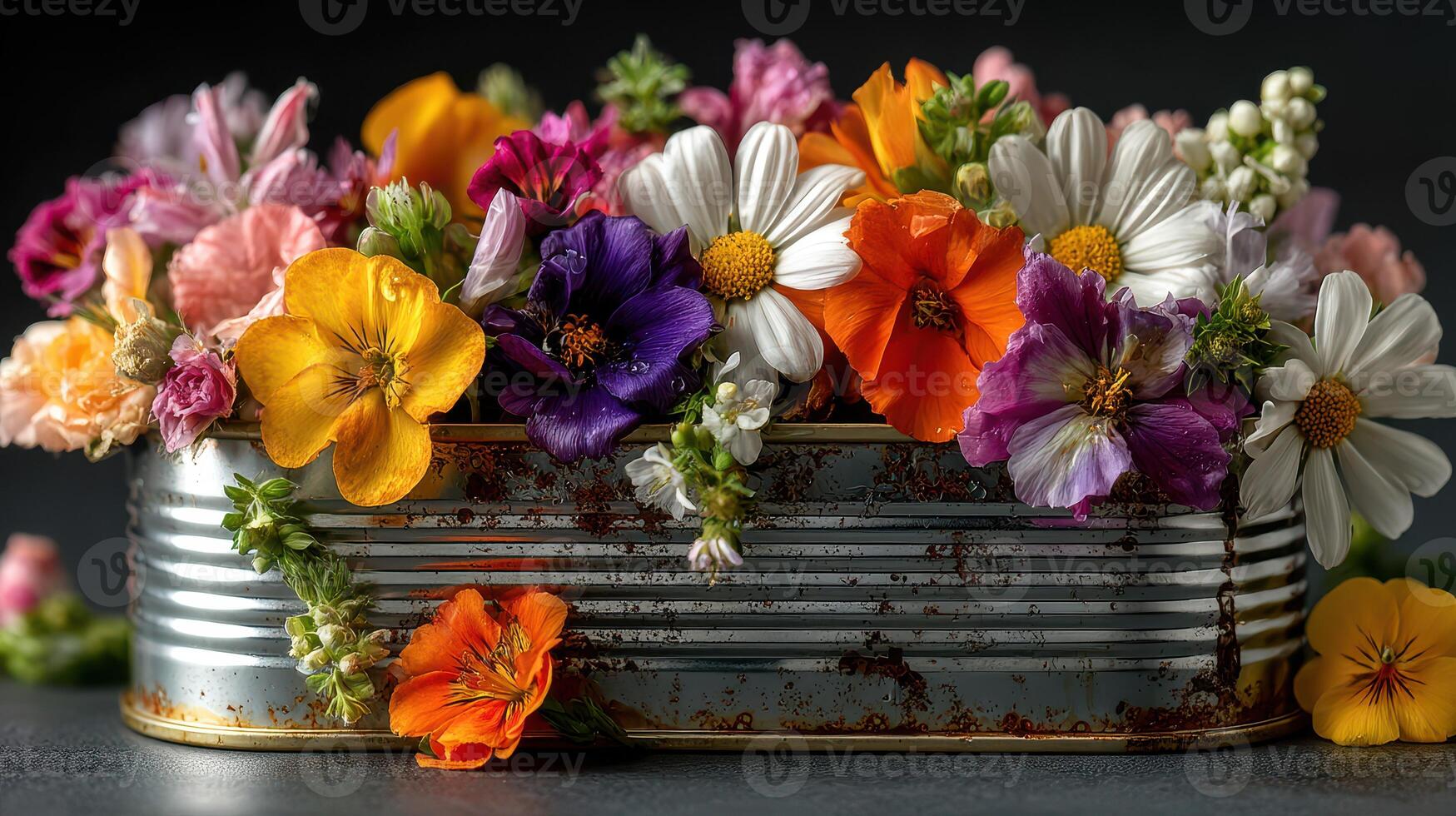 Bright assortment of seasonal flowers arranged in a rustic tin container on a dark surface photo