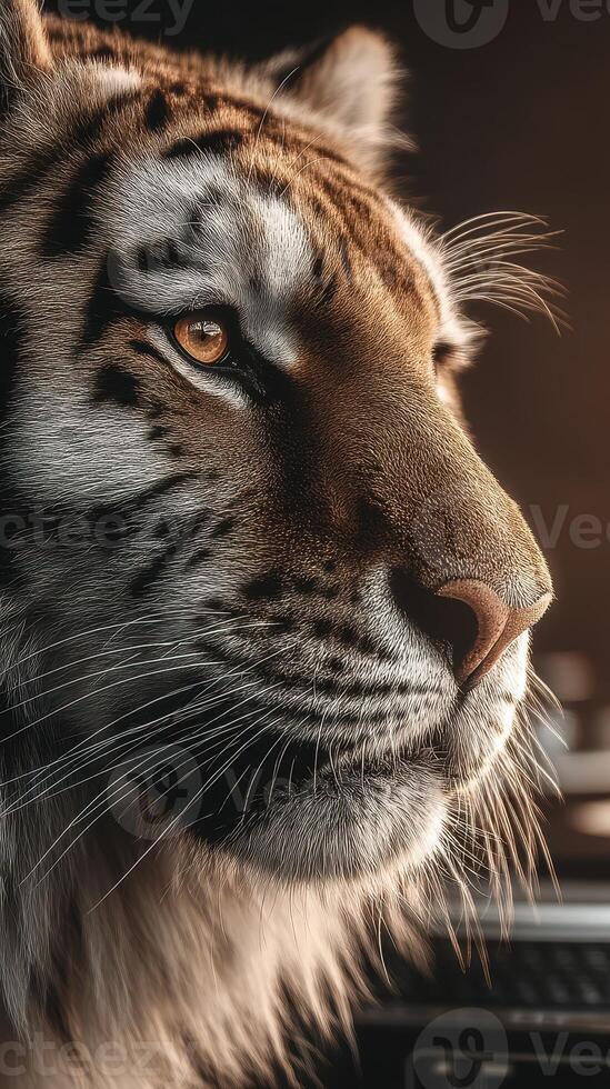 Majestic tiger gazing thoughtfully into the distance in a warm, natural light setting photo