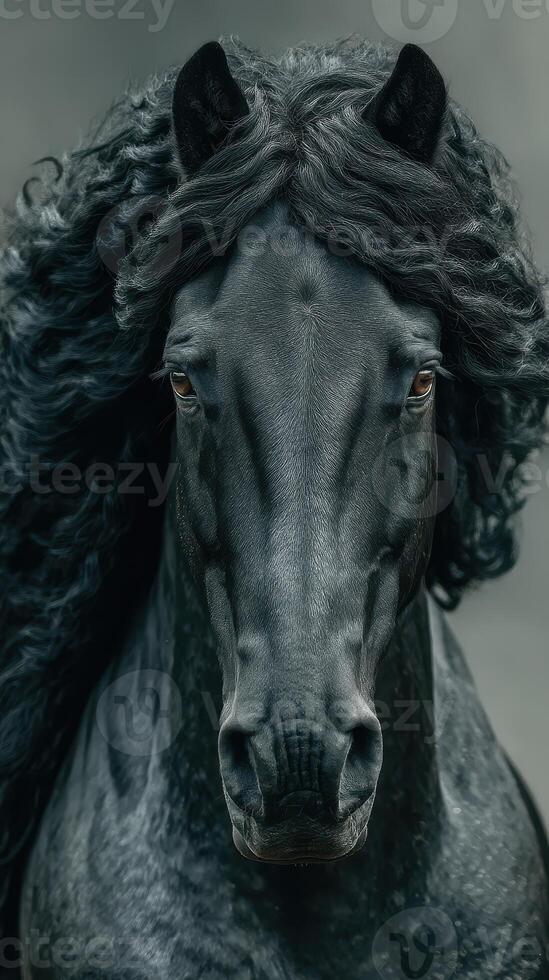 Majestic dark horse with flowing mane in a dramatic close-up, showcasing its beauty and strength photo