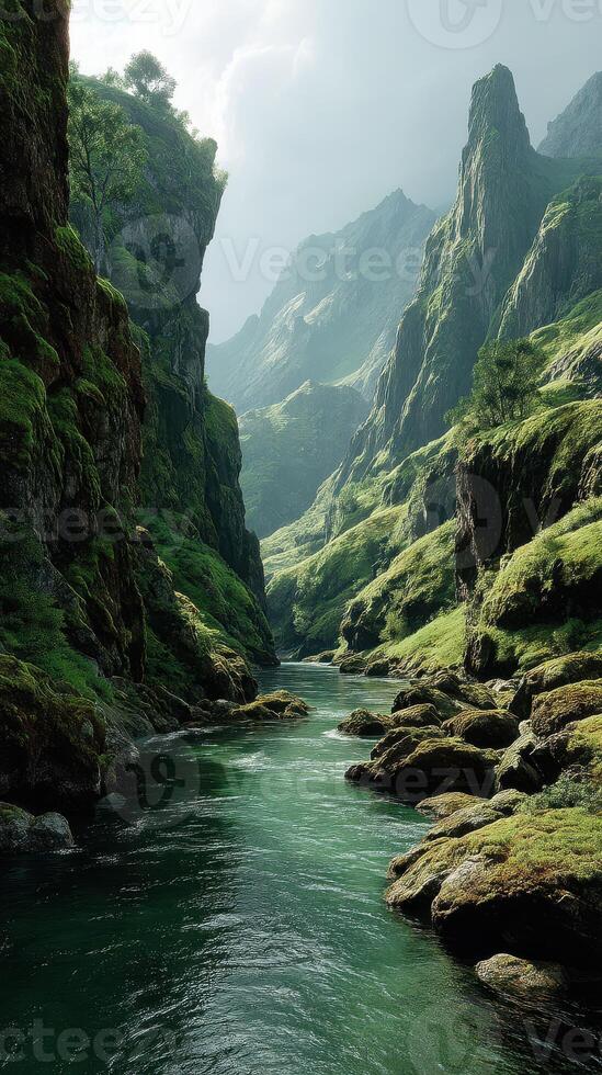 Majestic river flowing through a lush valley surrounded by towering green cliffs in a serene landscape photo