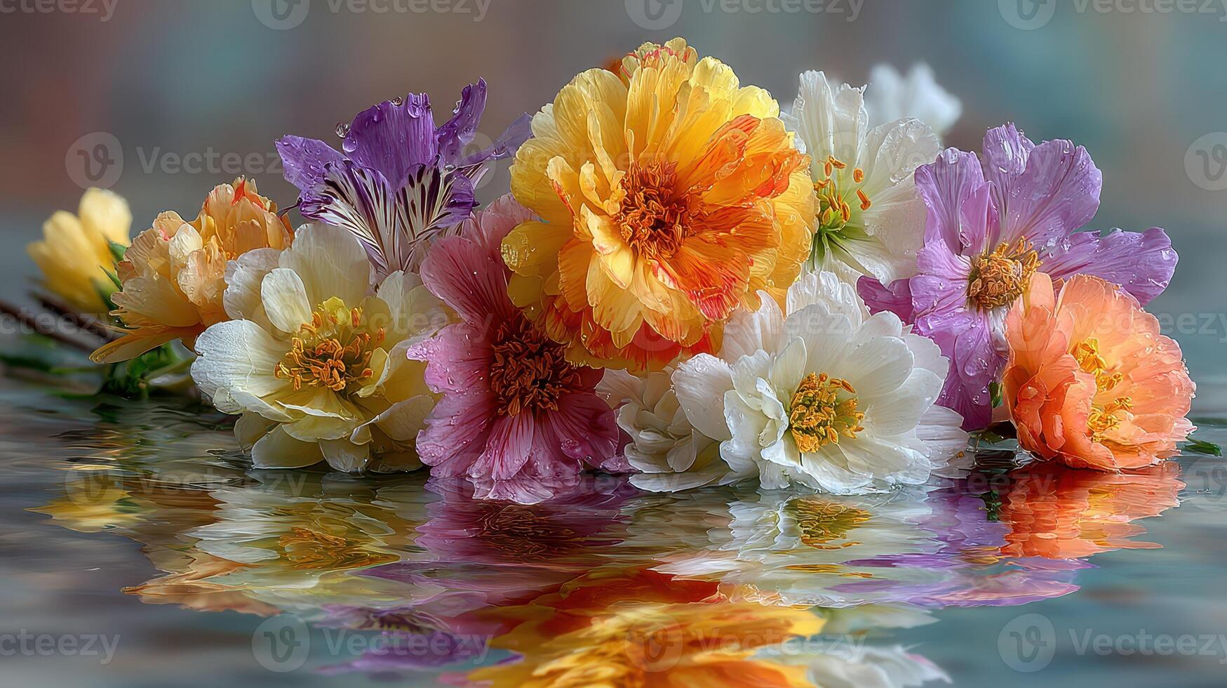 Colorful flowers floating on water during a serene afternoon in a tranquil garden setting photo