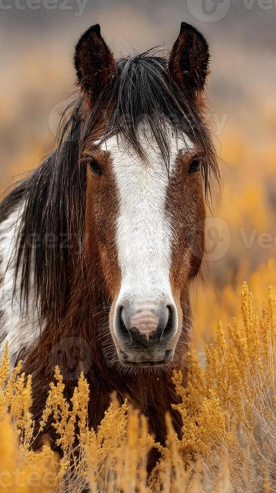 Wild horse stands proudly amidst golden grasslands on a cloudy day in the wilderness photo
