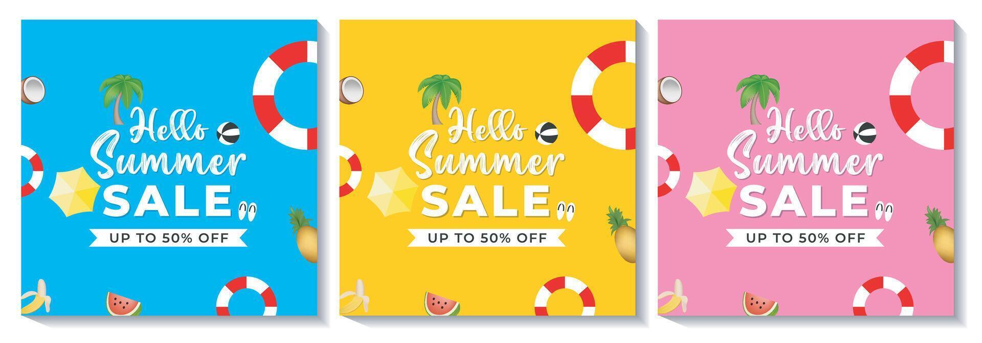 Blue, yellow and pink color hello summer post template vector