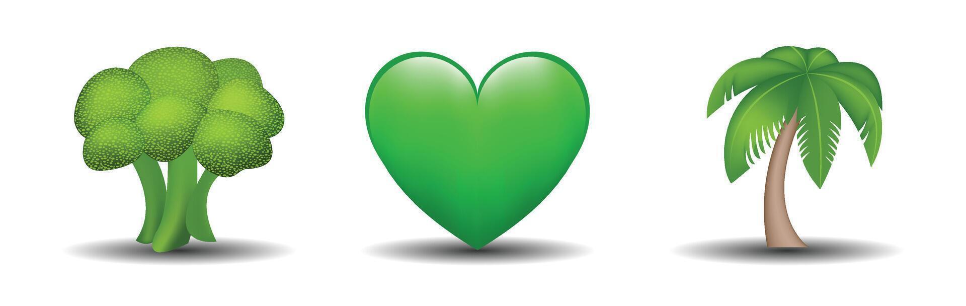 3 emoticons isolated on white background. Green color heart, broccoli, palm emoji illustration. 3d illustration set. vector