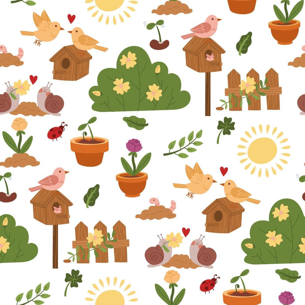 pattern of flat color illustrations of spring blossoming. Spring blooming, dedicated nature, love for animals. Beautiful illustration. It is used in blogs about gardening, environmental projects vector
