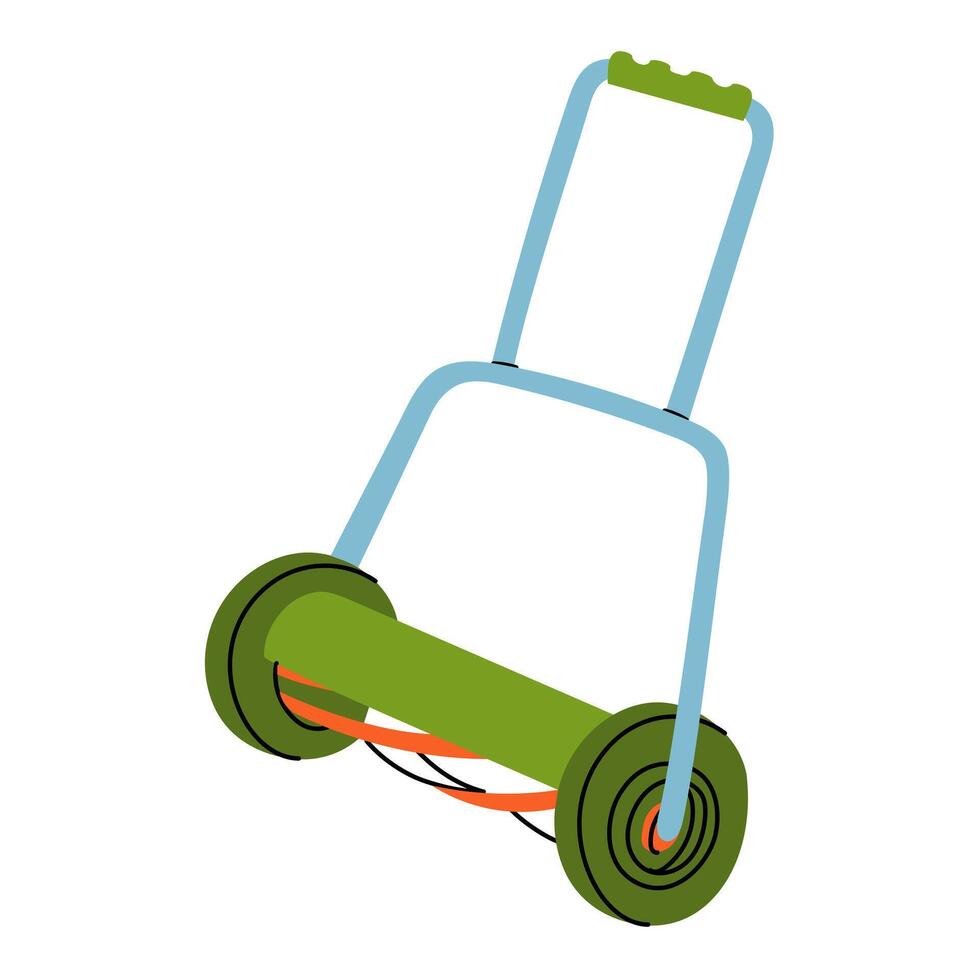 Mechanical lawn mower, isolated vivid illustration. A metal tool. A product for caring for agricultural crops. Gardening tools. Suitable for ecology, garden, cleaning, household, infographics vector