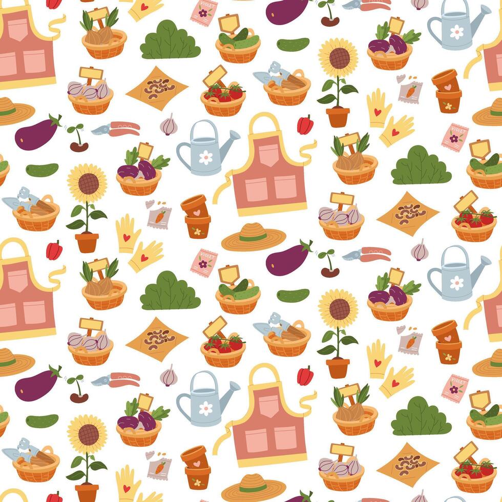 pattern of flat color illustrations on a spring theme. Planting plants dedicated to nature, sustainable growth and development. It is used in gardening blogs, environmental, articles on agriculture vector